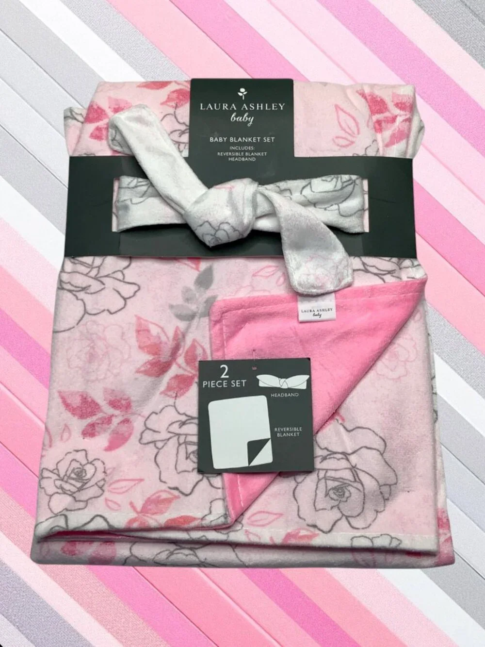 NWT Laura Ashley Flowers Floral Baby Blanket and Headband 2 piece Set Mink Minky